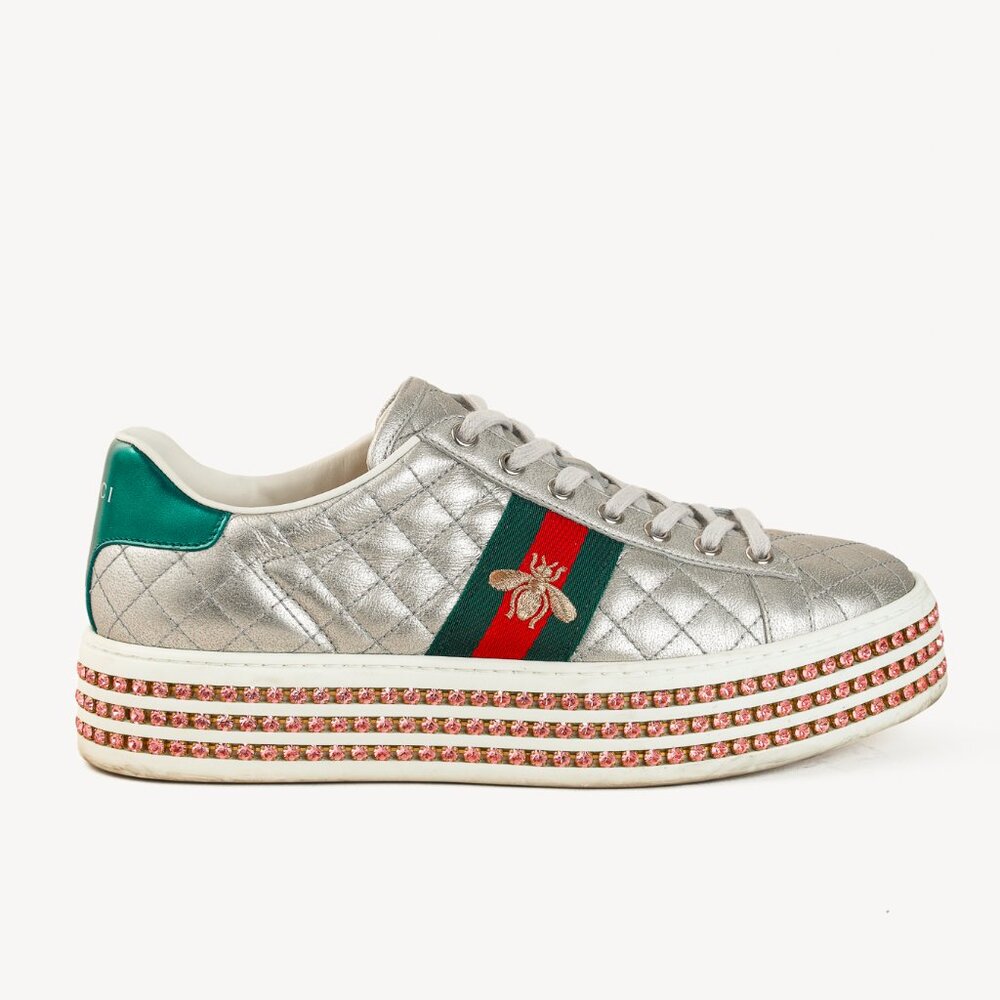Gucci Ace Silver Quilted-Leather Bee-Webbing Crystal-Platform Sneakers